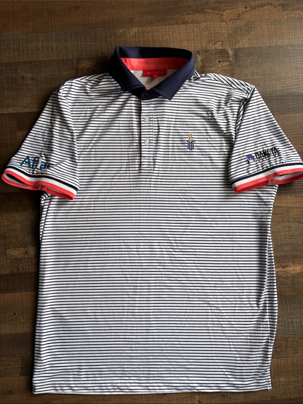 Striped Navy & White Polo with Coral Trim